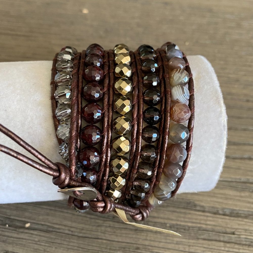 Chan Luu Chunky Garnet Mix Five Wrap Leather Brace - Picture 5 of 6
